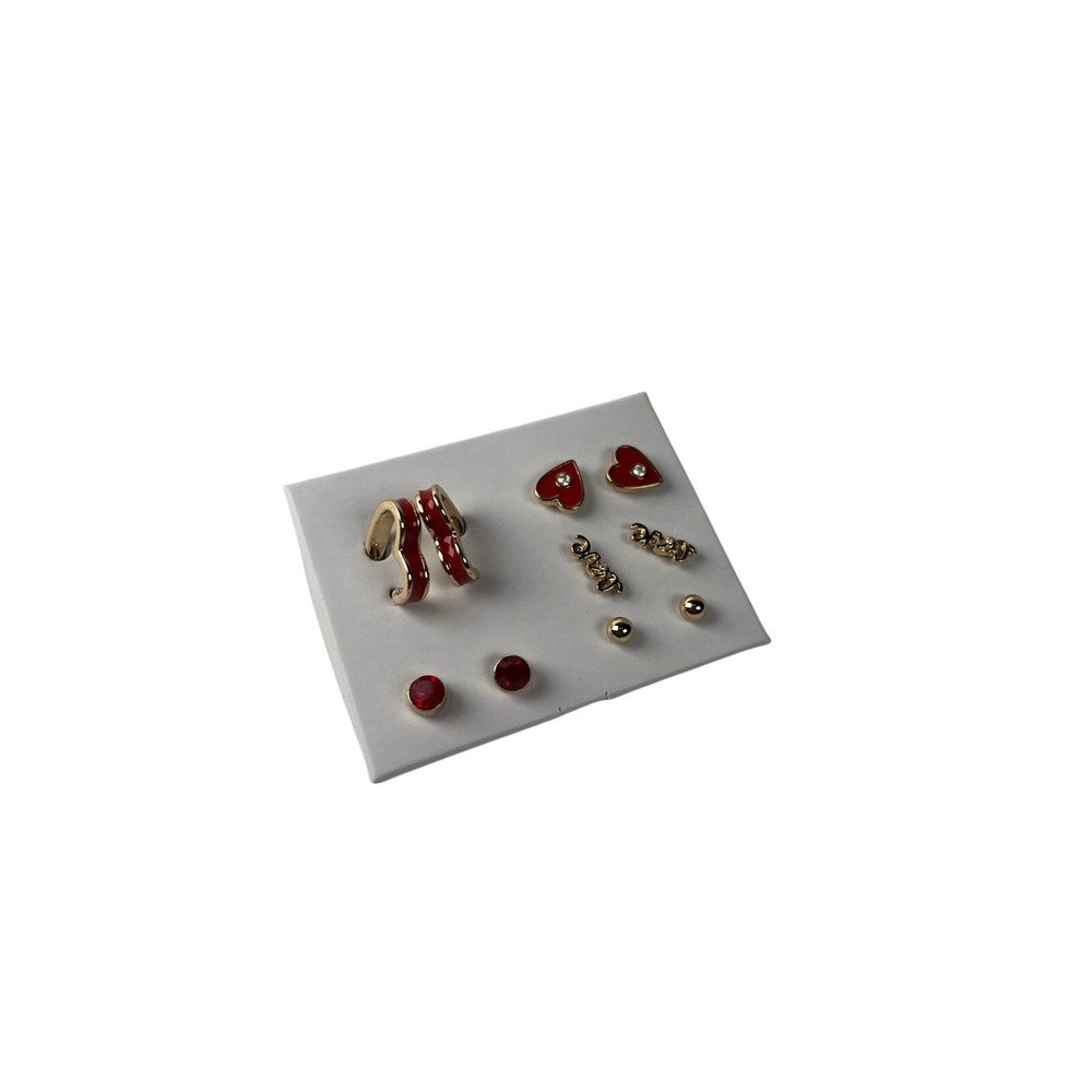Gold Tone Red Enamel Heart Love Script Stud Earring‎ Set
